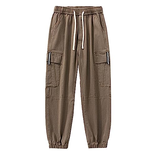Mens Casual Work Pant with Multi Pockets Lightweight Cargo Joggers Pants Relaxed Fit Flap Drawstring Tapered Sweatpants (Brown,Large)