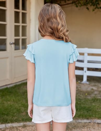 Image of Arshiner Girls T Shirts Ruffle Short Sleeve Summer Pleated Crewneck Casual Tops Tees Blouses