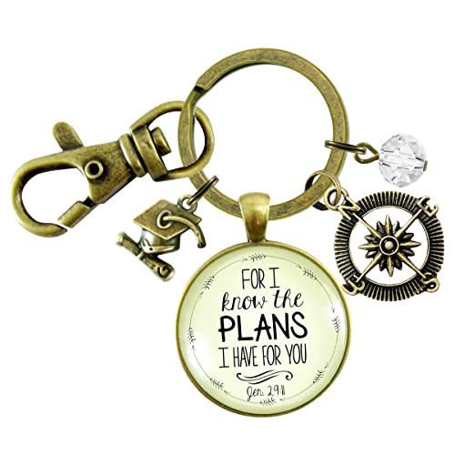 Graduate For I Know Plans Womens Keychain Boho Bronze Faith Jewelry Gift Key Ring - Handmade Pendant Religious Verse Jeremiah 2911 Graduation Tassel Cap Charm & Bead, Ready to Gift Message Card & Box