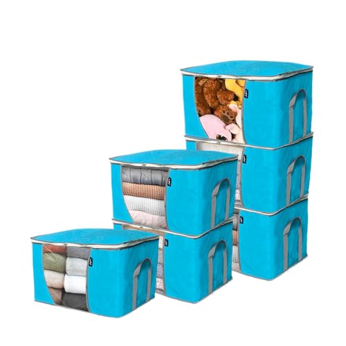 WFK handbag 6-piece set, foldable thick fabric storage bag, used for organizing bedrooms, wardrobes, and wardrobes; Can store clothes, blankets, plush toys, blue