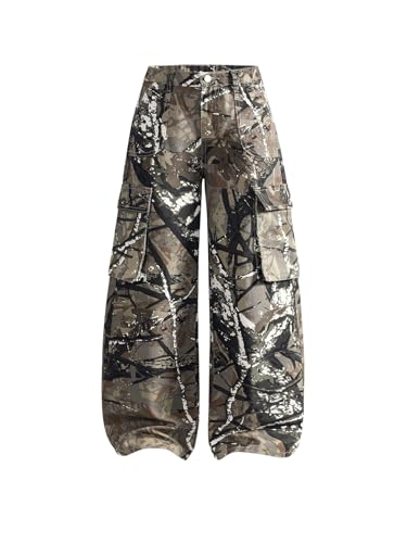 GORGLITTER Boy's Camo Baggy Jeans 8-12 Y2K Flap Pockets Vintage Straight Wide Leg Cargo Denim Pants