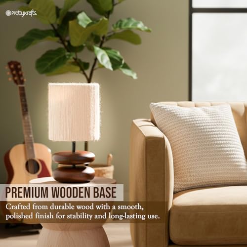 Image of PrettyKrafts Rattan & Wooden Table Lamp (Bulb Not Included) | Size 20 x 20 x 35 cm | Beige Color | Handmade Decorative Bedside & Living Room Lamp | Modern Natural Home Decor Lighting