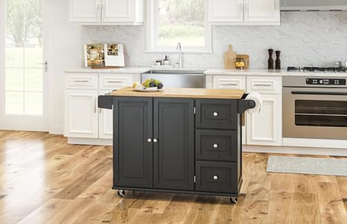Image of Homestyles Dolly Madison Black Mobile Kitchen Island Cart with Wood Drop Leaf Breakfast Bar
