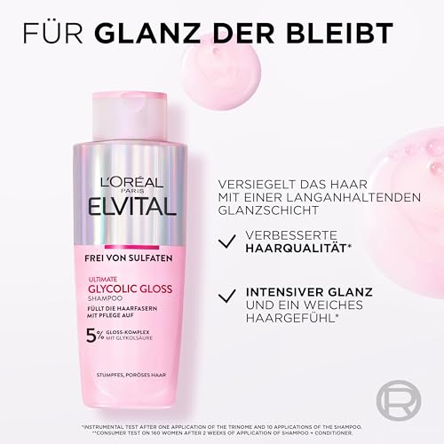 L'Oréal Paris Elvital Glycolic Gloss Bundle mit Shampoo, Spülung, 5 Minuten Haar-Laminierung für glanzloses Haar, Pflegeroutine für gesunde Haare und starken Glanz, Set mit Glykolsäure, 3-teilig