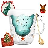 WUSUPU lindo de Navidad Taza,Vasos de los vidrios de doble pared con Árbol de Navidad 3D - incl. Doble Pared Copa de Vidrio de 300 ml,Cuchara,Posavasos,Tarjetas Navideñas & Colgante de Reno