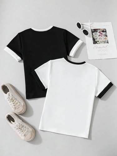 OYOANGLE Girl's 2 Pack Short Sleeve T Shirts Contrast Binding Round Neck Summer Casual Tee Tops2