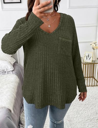 Image of Koscacy Women Plus Size Casual Knit Sweater with Pocket V Neck Solid Color Tops Lightweight Long Sleeve Blouses