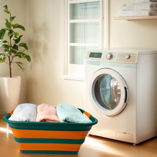 Image of SAMMART Collapsible Plastic Laundry Basket with Handle /Foldable Pop Up Storage Hamper /Portable Laundry Organizer-Space Saving Washing Tub /Household Storage (Teal Green /Autumn leaf, 42L (Set of 2))