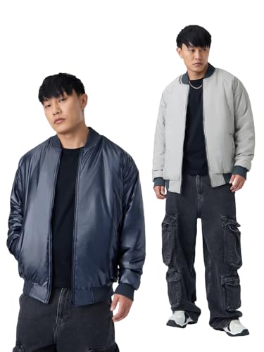 Image of The Souled Store Orion Men and Boys Full Sleeves Band Collar Navy and Grey Solid Polyester Reversible Lightweight Everyday Oversized Fit Bomber Jacket