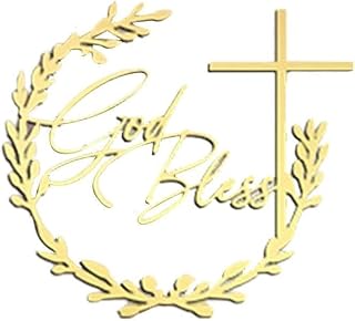 Gold Color God Bless and Cross Cake Topper,Cross Christening Cake Topper,Baptism First Communion for Birthday Party Cake Decorations Frosting