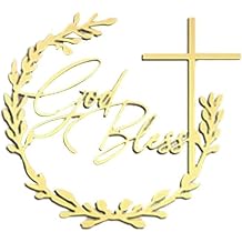 Gold Color God Bless and Cross Cake Topper,Cross Christening Cake Topper,Baptism First Communion for Birthday Party Cake Decorations Frosting