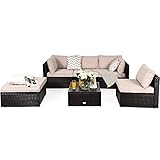 COSTWAY 6-Piece Outdoor Patio Furniture Set, Rattan Sectional Sofa Set with Tempered Glass Coffee Table, Cushions and Ottoman for Garden, Deck, Backyard (Beige)