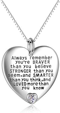 YFN Daughter Granddaughter Necklace Gifts Sterling Silver Always Remember You are Braver Than You Believe Jewelry Heart Pendant Necklace Inspirational Gifts