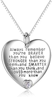 YFN Daughter Granddaughter Necklace Gifts Sterling Silver Always Remember You are Braver Than You Believe Jewelry Heart Pendant Necklace Inspirational Gifts