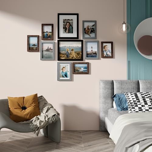 Image of Vittanly Picture Frames Set of 10, Picture Frames Collage Wall Decor with Two 8x10, Four 5x7, and Four 4x6 Photo Frames, Gallery Wall Frame Set for Wall or Tabletop Display, Black&Brown&Grey