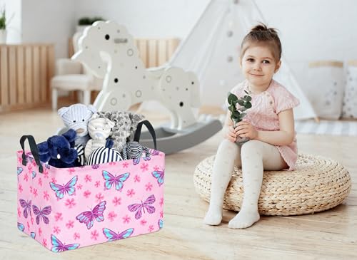 Image of Pink Butterfly Storage Basket Gift Laundry Bins Collapsible Storage Baskets Box Laundry Nursery Hamper for Home and Office Decoration with Handles