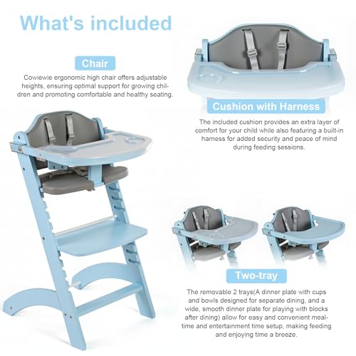 Image of Cowiewie New Upgrade 3-in-1 Convertible Wooden High Chair for Babies & Toddlers 10 Levels Adjustable 3-Tier Remove 2 Waterproof Cozy Cushions Blue