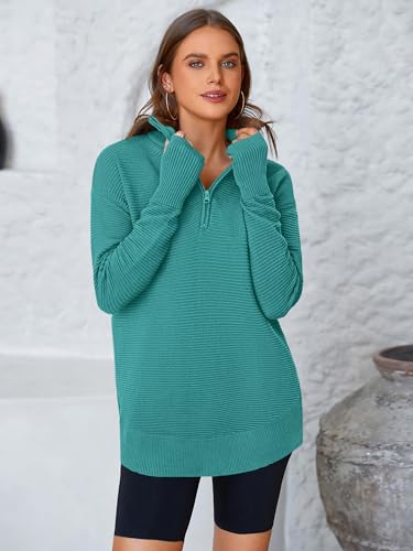 Image of PRETTYGARDEN Womens Long Sleeve Quarter Zip Pullover Sweater | Casual Loose V Neck Sweaters with Thumb Hole, Collared Ribbed Knit Jumper Tops, Oversized Tunic Tops, Fall Outfits 2026