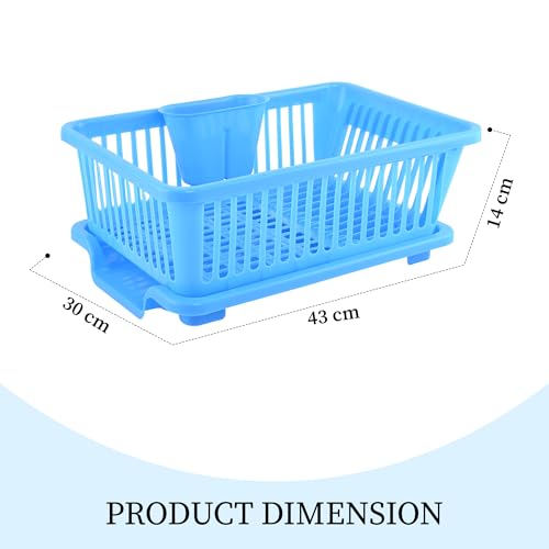 Image of Kuber Industries Plastic Sink Dish Drainer Rack | 3 in 1 Large Durable Drainer Drying Rack Washing Basket with Tray | Home & Kitchen Dish Rack Organizers, Utensils Tools Cutlery - Blue