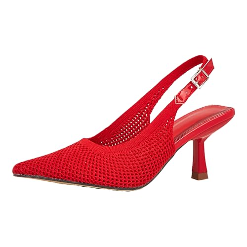 Women's Knitted Pointed Toe Stiletto Slingback Pumps Adjustable Ankle Strap Closed Toe Sexy Kitten Heel Dress Sandals Shoes for Office Wedding Party