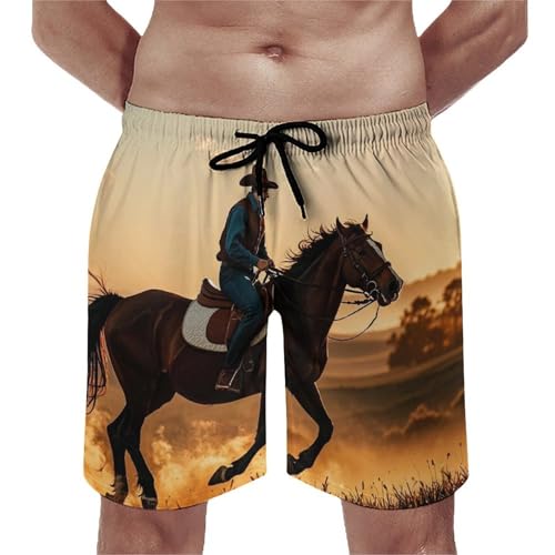 Mens Shorts Cowboys Riding Horses Men Swim Trunks Quick-Dry Beach Shorts with Drawstring Pocket Bathing Suit