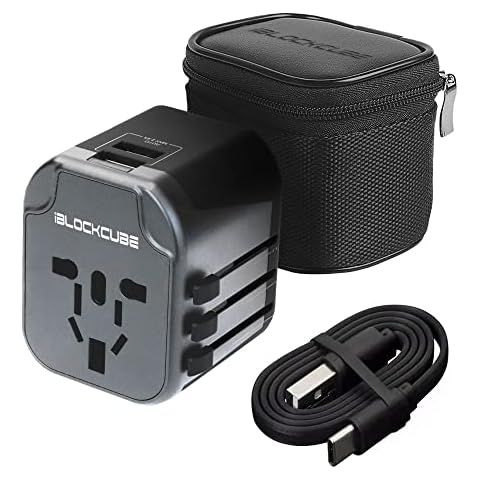 iBlockCube Worldwide Travel Plug Adapter with 2 USB 2.4A Charging Ports | International Universal AC Socket, Dual Safety Fuse, Chip Protector for US UK EU AU Mobile Phone Tablet Laptop Gadget (Grey) Cover