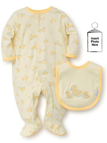 Image of Little Me Baby Sleepers Yellow Ducks One-Piece Footie Pajamas for Boys or Girls with Bib and Keychain- 3 Months