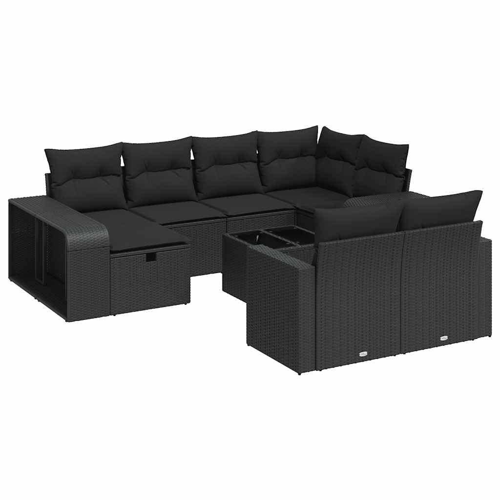 Juego de sofá modular de ratán sintético para jardín con espacio de almacenamiento y fundas de almohada extraíbles, 11 piezas, color negro