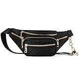 Fanny Packs for Women Fashionable Stylish Waterproof Cute Waist Belt with Golden Chain Nylon Designer Bag Pouch Chest Sling Fannypack's Crossbody Bags for Women Sport Travel Work(Black)