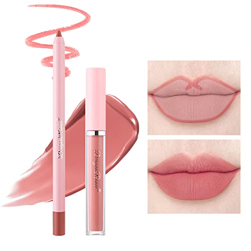 2Pcs Pink Lip Liner Pencil And Lipstick Set,Velvety Matte Creamy Lip Liner Lip Crayon Long Lasting Waterproof Lip Liner Natural Longwear Lipstick High Pigmented Lip Colors Not Fade No Smudge Lip Stain Makeup Gift Kit For Women Girls (#08) #TOP7