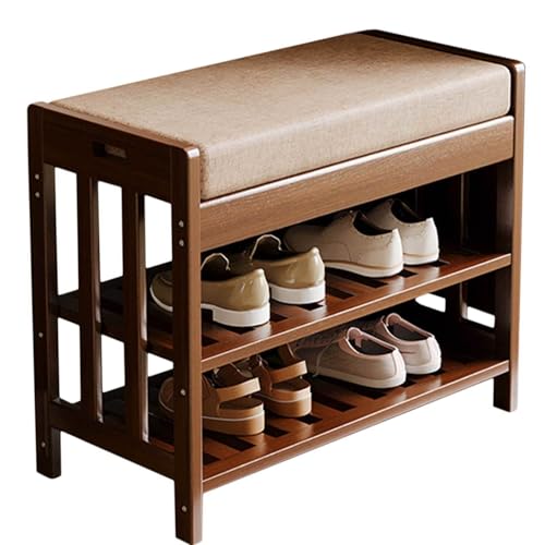 Banco de zapatos de bambú ecológico con cojín de 3 niveles de almacenamiento elegante para entrada y sala de estar, diseño moderno, perfecto para organizar zapatos y accesorios