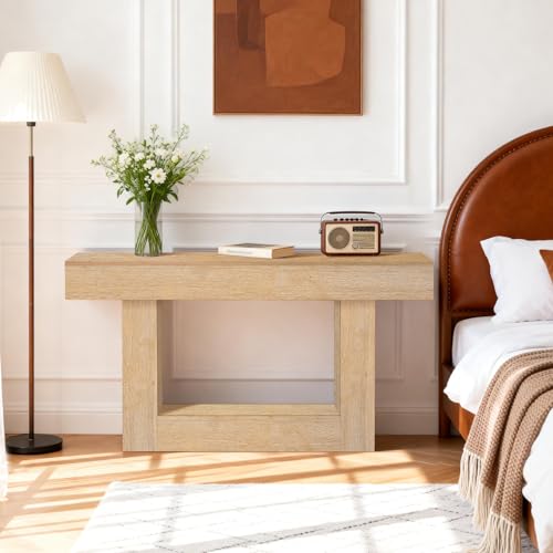 Image of Sonharlar 63 Inch Long Entryway Table U-Shaped Extension, Wooden Console Table with Socket Farmhouse Sofa Table for Entrance, Hallway, Living Room,Behind Couch((Oak Brown)