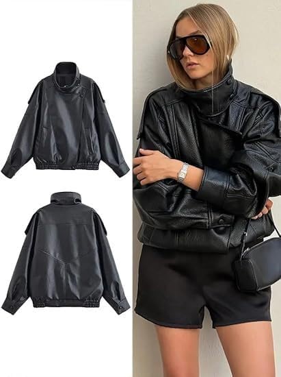 Womens Faux Leather Jacket Stand Collar Oversize Pebbled Zip Up Crop Jackets Winter Motorcycle Jacket - Image 3