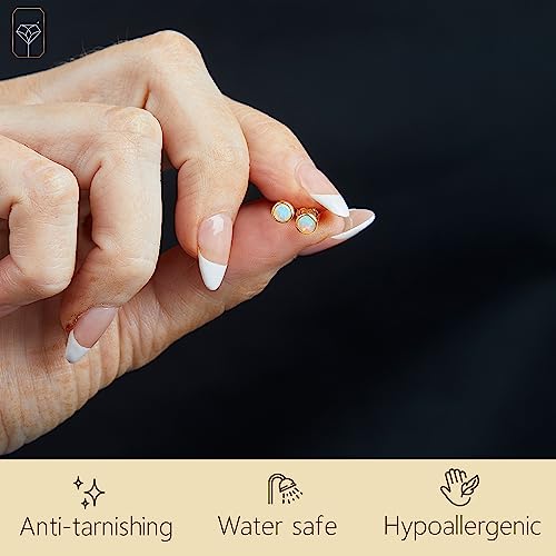 MAX + STONE Solid 14k Gold Bezel Set Round Small 4mm Created Opal Stud Earrings for Women with Push Backs October Birthstone Yellow Gold Earrings3