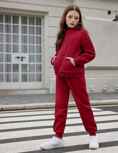 Image of Arshiner Girls 2 Piece Outfits Sweatsuit Half Zip Sweatshirt and Sweatpants | Fall Winter, Drop Shoulder Long Sleeve, Thumbhole Hoodies, with Sweatpant, Jogger Set, Sweat Set, Tracksuits with Pockets