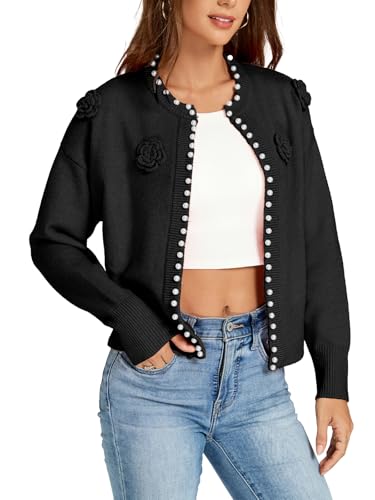 Women's Pearls Open Front Cardigan Sweater Casual Knitted Long Sleeve Floral Embroidered Outerwear Coat3