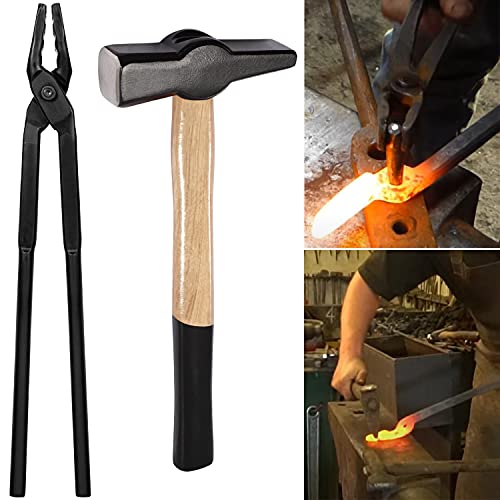 Blacksmith Forging Tools Kit Wolf Jaw Tongs (16'') & Blacksmith Hammer Anvil Blacksmithing Tongs Hammer Forge Tools For Making Knife, Forged Tongs