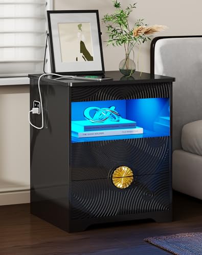 Image of Modern Nightstand Set 2 with Gun Drawer, Bedside Table with 3-Color LED Lights & Human Sensor, Smart Night Stands with Charger Station, 2 Drawers End Table for Bedroom, Black