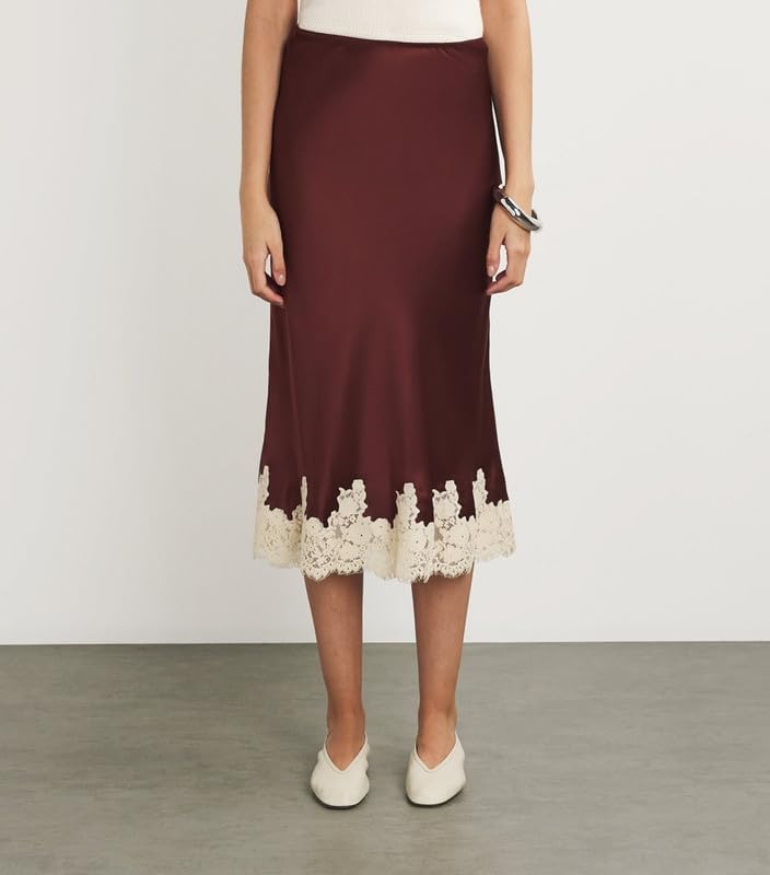 Women Silk Satin Half Slip Long Skirts Lace Patchwork Elastic Waist Long Skirt Elegant Silky Flowy A Line Midi Skirts - Image 3