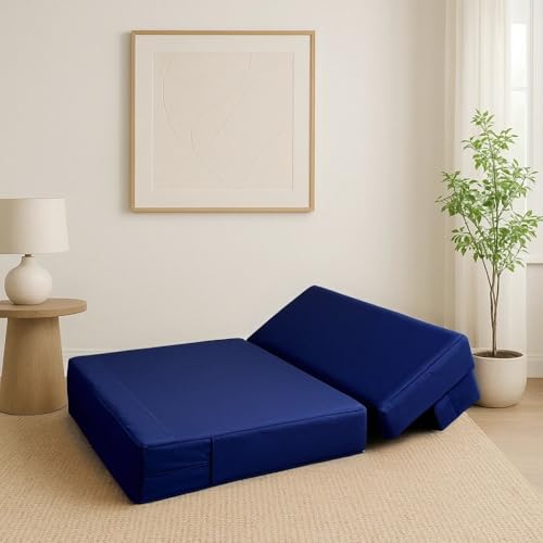 Image of PUM PUM 2-Seater Sofa Cum Bed | EPE Foam Foldable Couch with Velvet Fabric & Washable Cover | Convertible Sofa Bed for Home, Living Room & Office Guests | 3 x 6 Ft (Navy Blue)