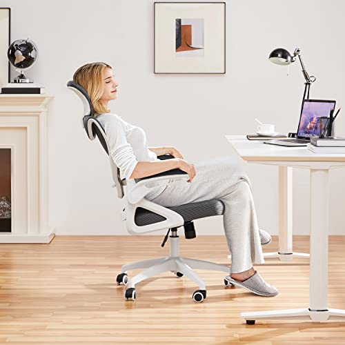 Image of Yaheetech Ergonomic Office Chair with Headrest, Lumbar Support, White /Gray | Breathable mesh high-back adjustable headrest, padded seat, and flip-up armrests supports your back and neck, holds 300lb