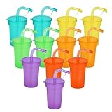 12 vasos de fiesta con tapa y pajitas, 380 ml, vasos de plástico reutilizables, para café helado, batidos