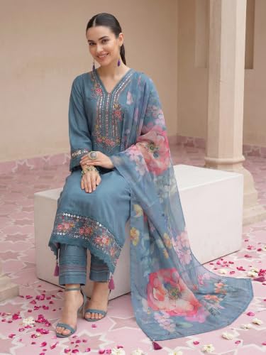 Image of INDO ERA Women's Silk Blend Embroidered Zari Work Straight Kurta & Pant Set | Cord Set For Women