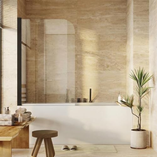 Image of 32 inch x 55 inch Frameless Pivot Tub Shower Door, 1 /4 inch (6mm) Tempered Glass with Anti-Shatter Film, 180 Swinging & Reversible Left /Right Opening, Matte Black