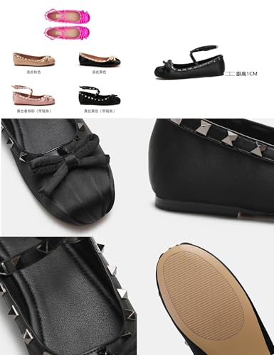 Keilinia Women's Satin Mary Jane Ballet Flats,Bow Studded Strap Ankle Buckle Square Toe Soft Comfort Casual Dress Shoes3