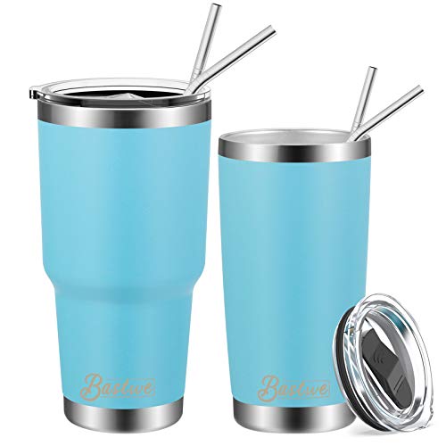 20oz and 30oz Stainless Steel Tumblers with Straws Bastwe Double Wall Vacuum Insulated Travel Mug Coffee Cup for Home Office School Works Great for Ice Drink Hot Beverage 2 Pack Reef Blue