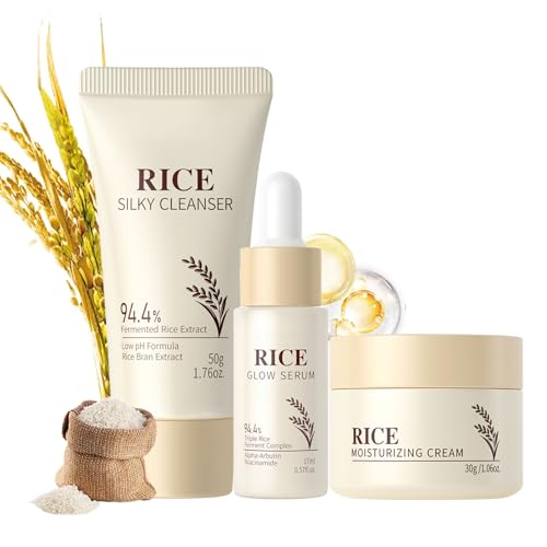 Reis Gesichtspflege Skincare Set 3pcs, Rice Pflegeset Damen Skin Care Glättet die Haut, Beauty Set Frauen Tiefe Feuchtigkeit, Beruhigende Pflegeset Damen mit Reiniger, Face Cream, Serum
