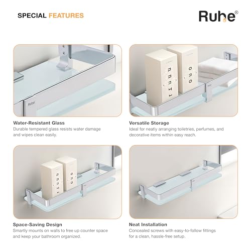 Image of Ruhe Premium Vetra Bathroom Glass Shelf | Multipurpose Wall Mounted Shelves Rack for Kitchen /Living Room - Bathroom Accessories 12 x 5 inches (Chrome Finish)