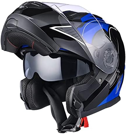 AHR Motorcycle Helmet Dual Visor Modular Flip up Full Face Helmet DOT Approved - AHR Helmet Run-M3 for Adult Motorbike Street Bike Moped Racing (Black Blue, L)