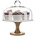 8 Inch Round Wood & White Ceramic Pedestal Dessert Cake Stand, Serving Platter with Clear Glass Dome Lid